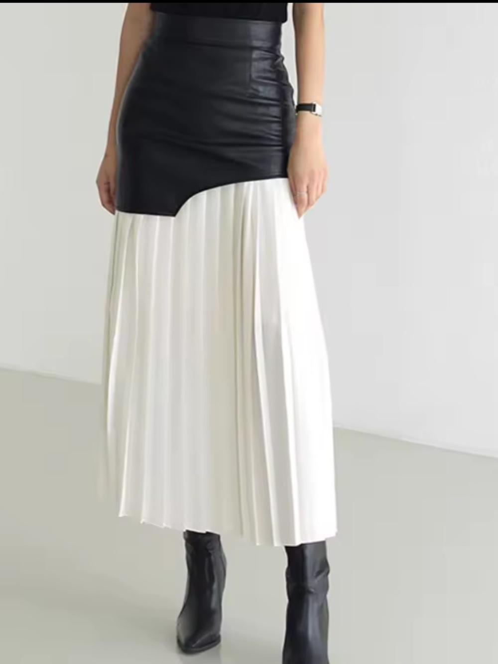Black and White Pleated Maxi Skirt with Faux Leather Asymmetry